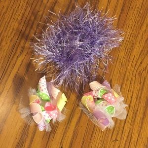Ribbon hair clips with fuzzy purple hair tie
